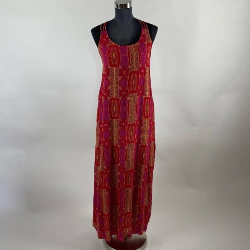 Elegant Red Patterned Multicolor Bohemian Sleeveless Cross Back Maxi Dress